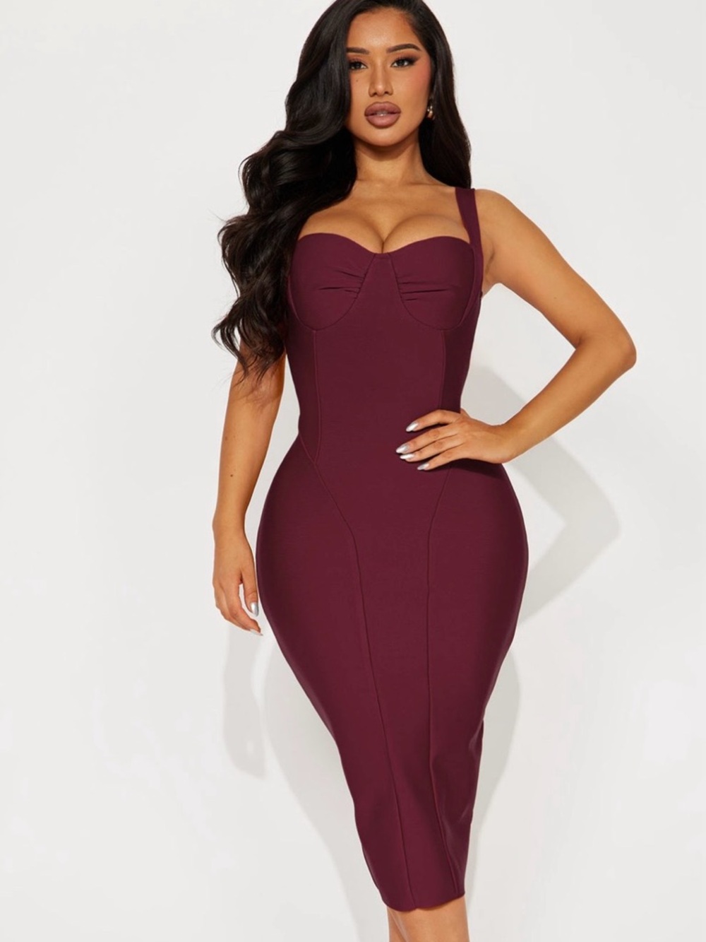 Fashion Nova Burgundy Bustier Bodycon Midi Dress - Women